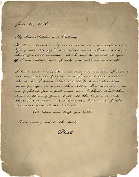 This letter was recreated from the text of the original letter published in a 1918 newspaper, and the original document was lost to time. It was the last letter from a WWI Connecticut soldier, Philip Edwards, to his parents.